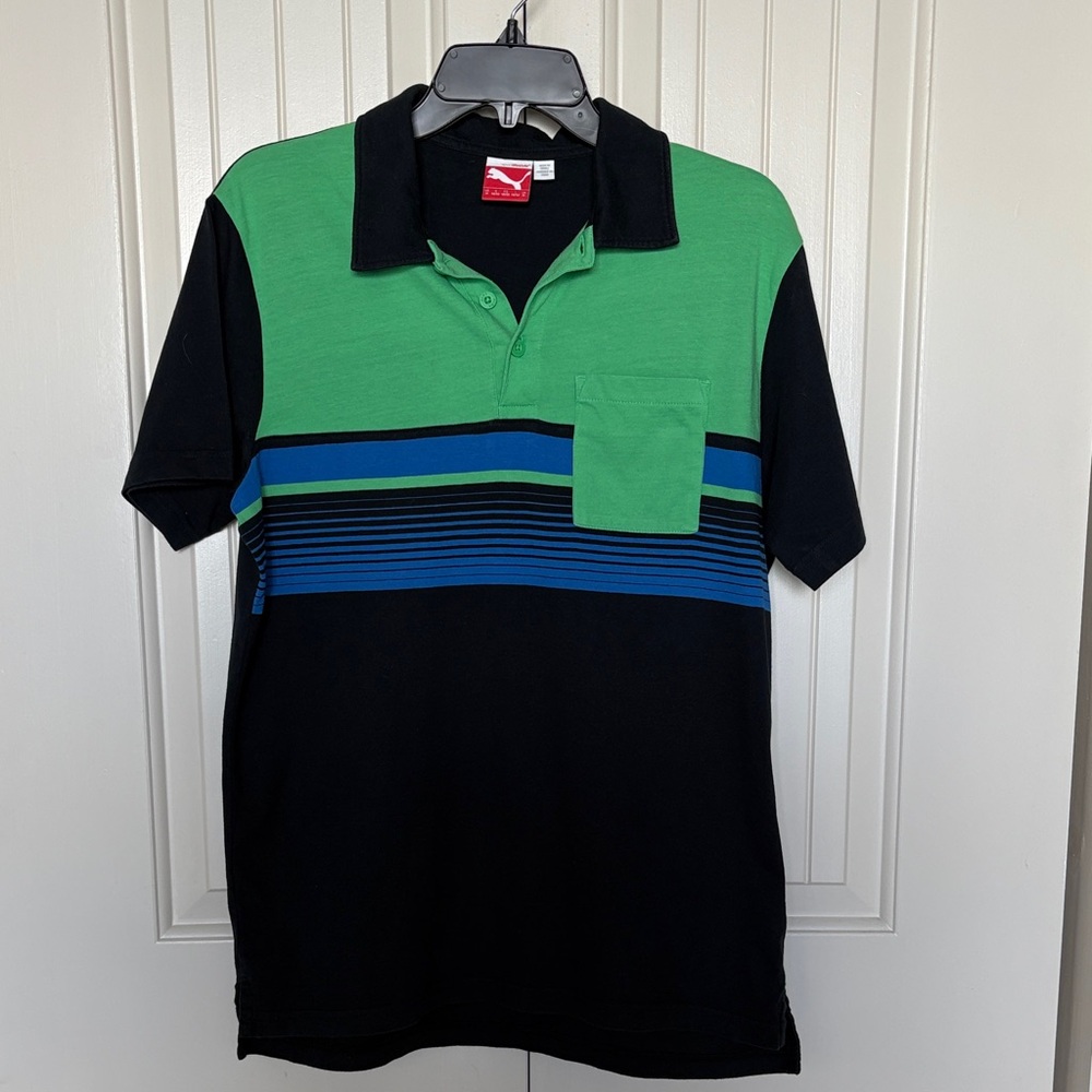 Puma Sport Lifestyle Men’s Collard Black and Green Polo with‎ Blue Stripes